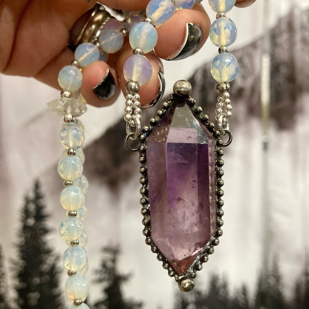 Amethyst , Herkimer diamonds crystal quartz & blue opalite beads boho necklace - Picture 6 of 16